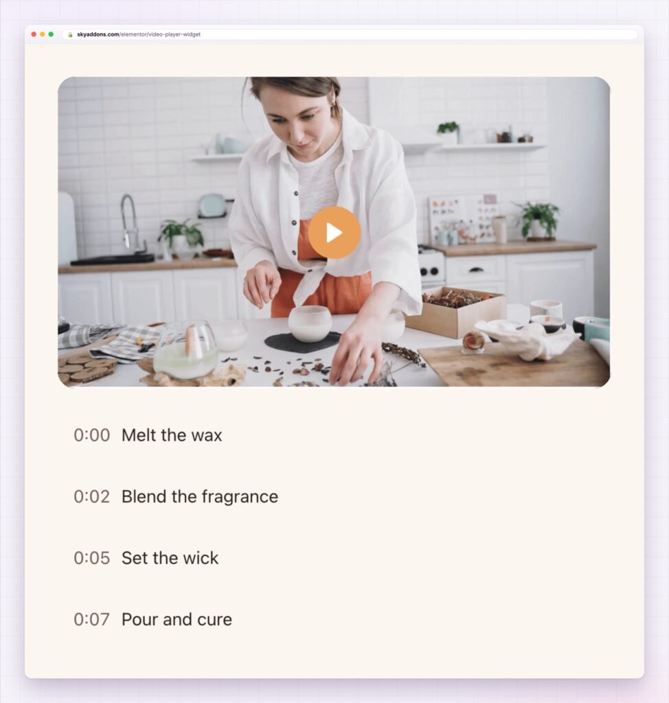 Elementor video player showing a chapter list under the video