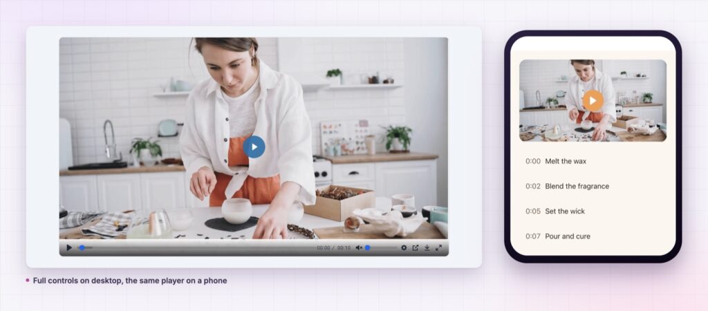 Elementor video player with full controls on desktop and on a phone