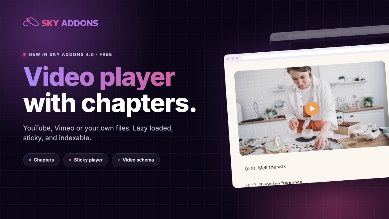 Elementor video player with a chapter list beside the video