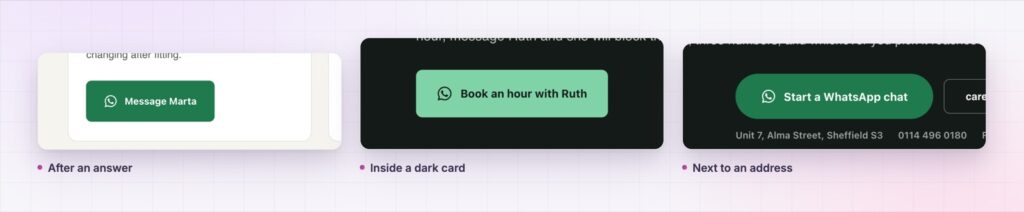 Three Elementor WhatsApp button placements inside real page sections