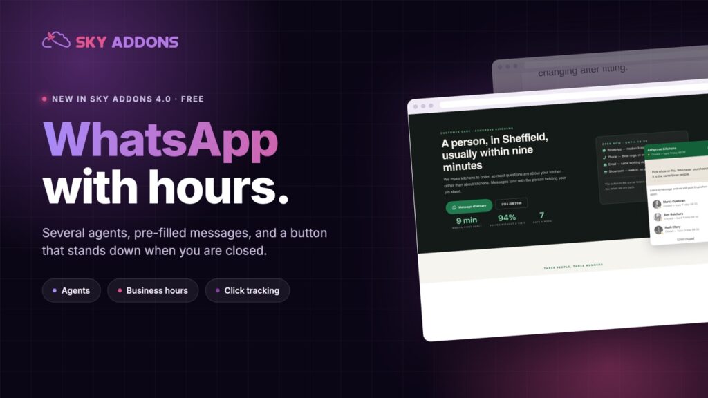 Elementor WhatsApp button with the chat popup open showing three agents