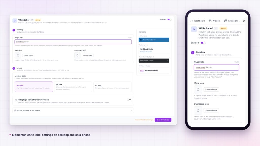 Elementor white label settings on desktop and on a phone