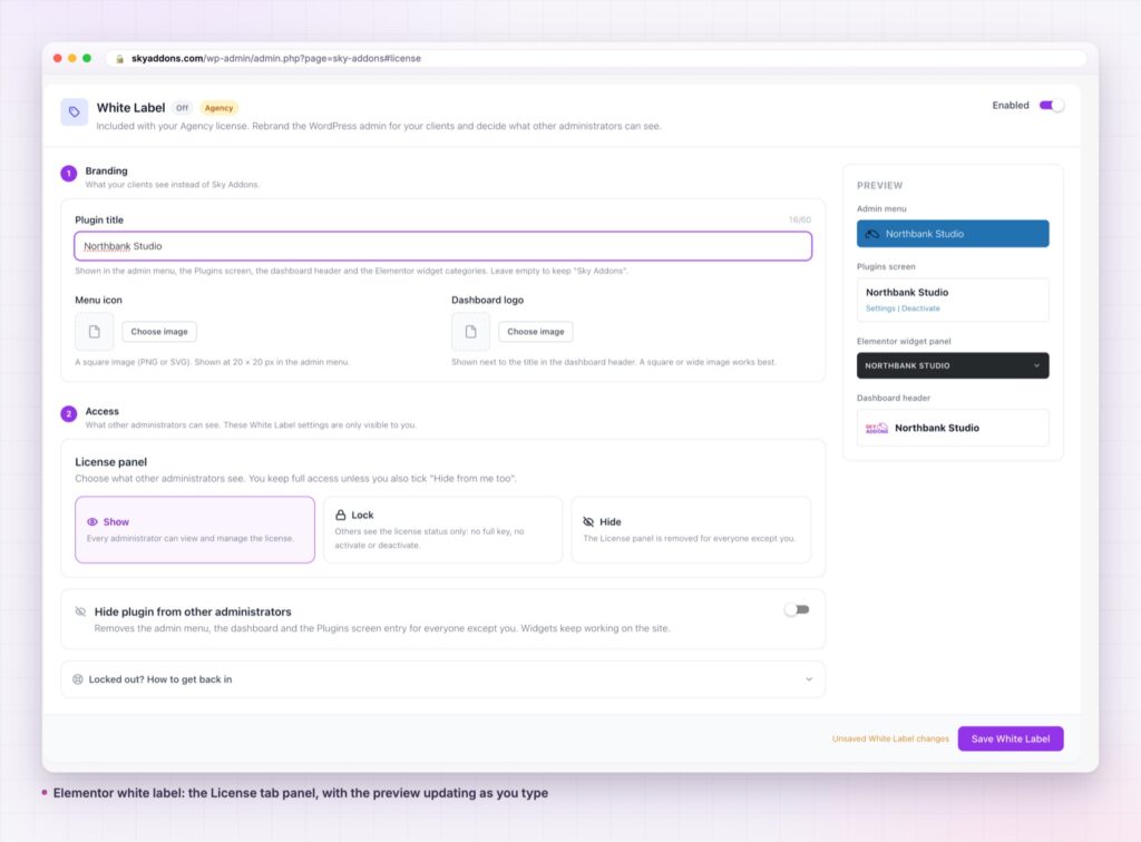 Elementor white label panel on the Sky Addons License tab, with the live preview