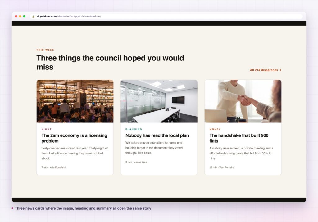 Wrapper link making three news cards clickable in Elementor