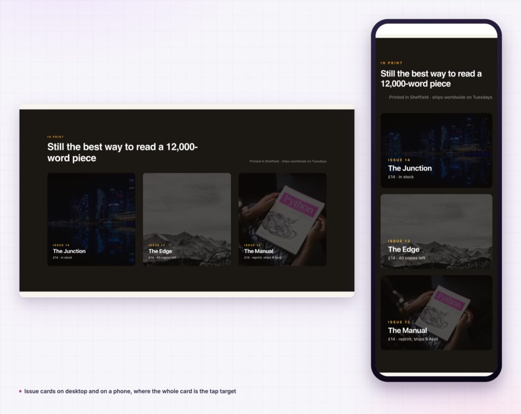 Wrapper link on issue cards at desktop and phone width
