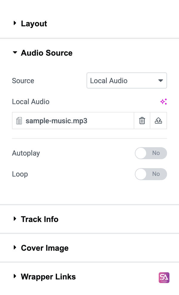 Elementor panel showing the Audio Source section: Source, Local Audio, Autoplay and Loop