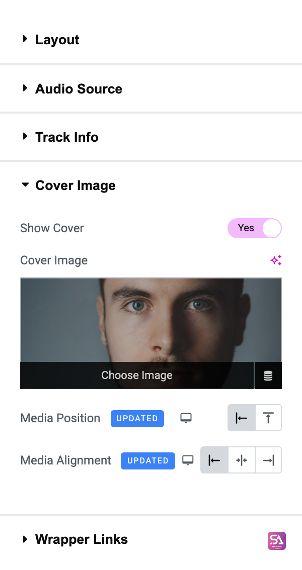 Elementor panel showing the Cover Image section: Show Cover, Cover Image and Media Position