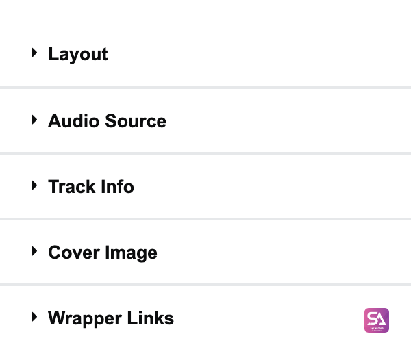 Elementor panel showing the Audio Player Layout section: Player Style, Show Volume, Hide Volume on Mobile, Show Time and Show Wave