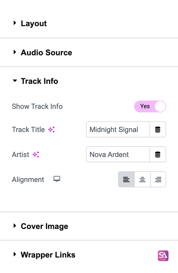 Elementor panel showing the Track Info section: Show Track Info, Track Title, Artist and Alignment