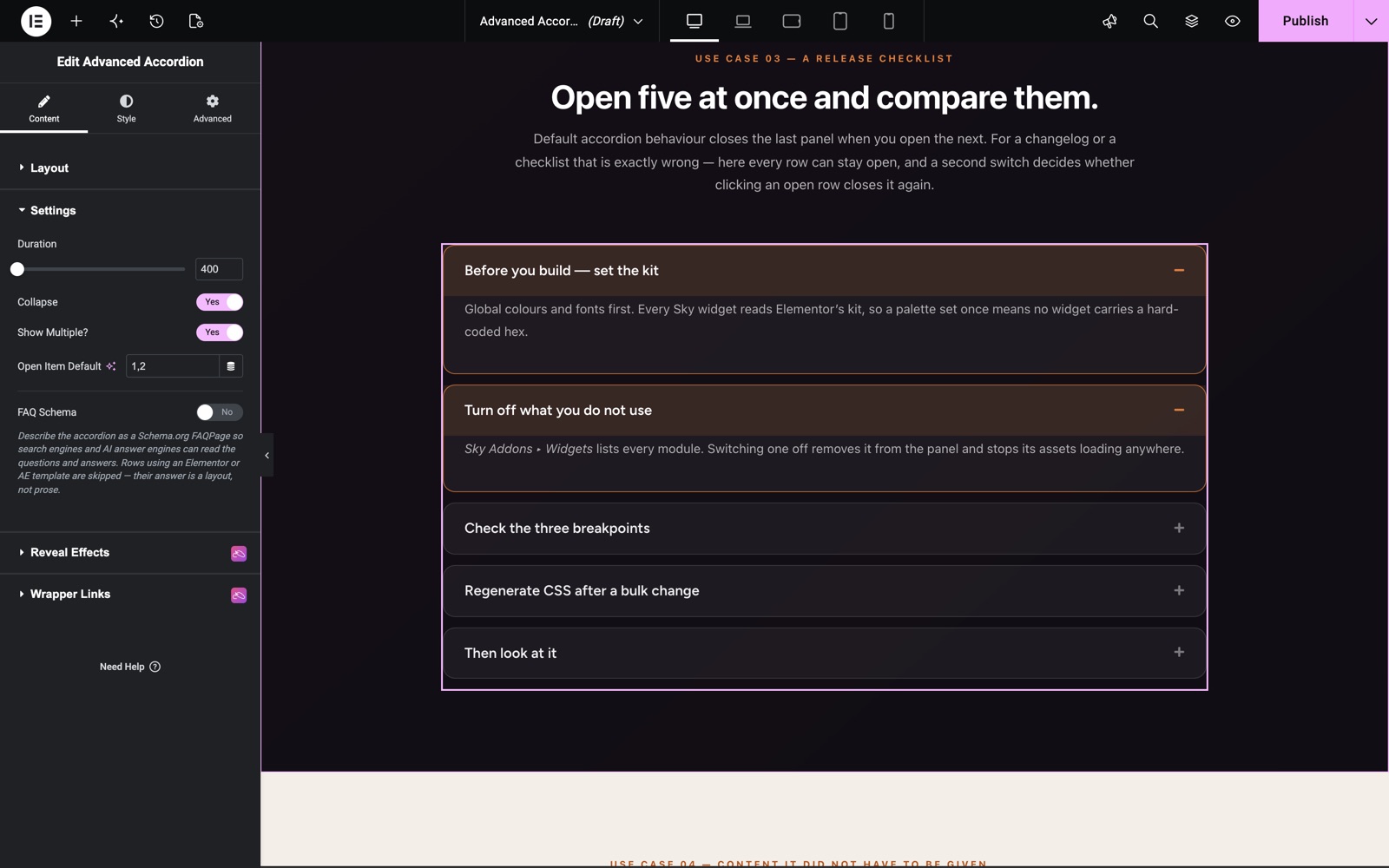 Advanced Accordion Settings with Show Multiple on and Open Item Default set to 1, 2