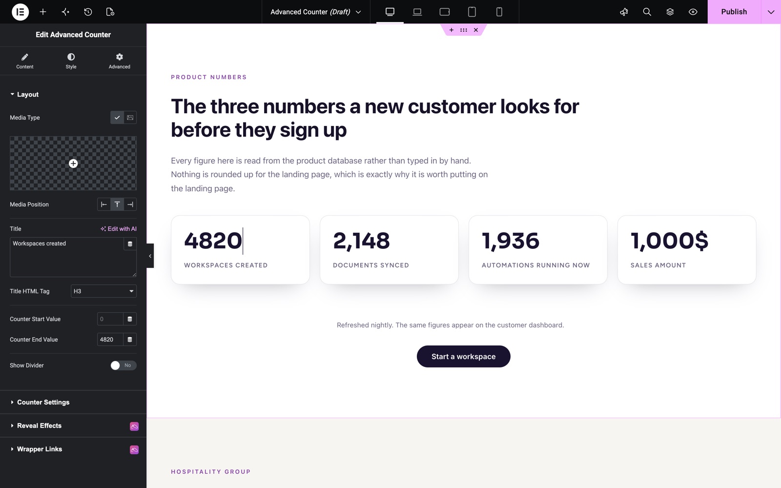Elementor advanced counter widget Layout section with title, start value and end value