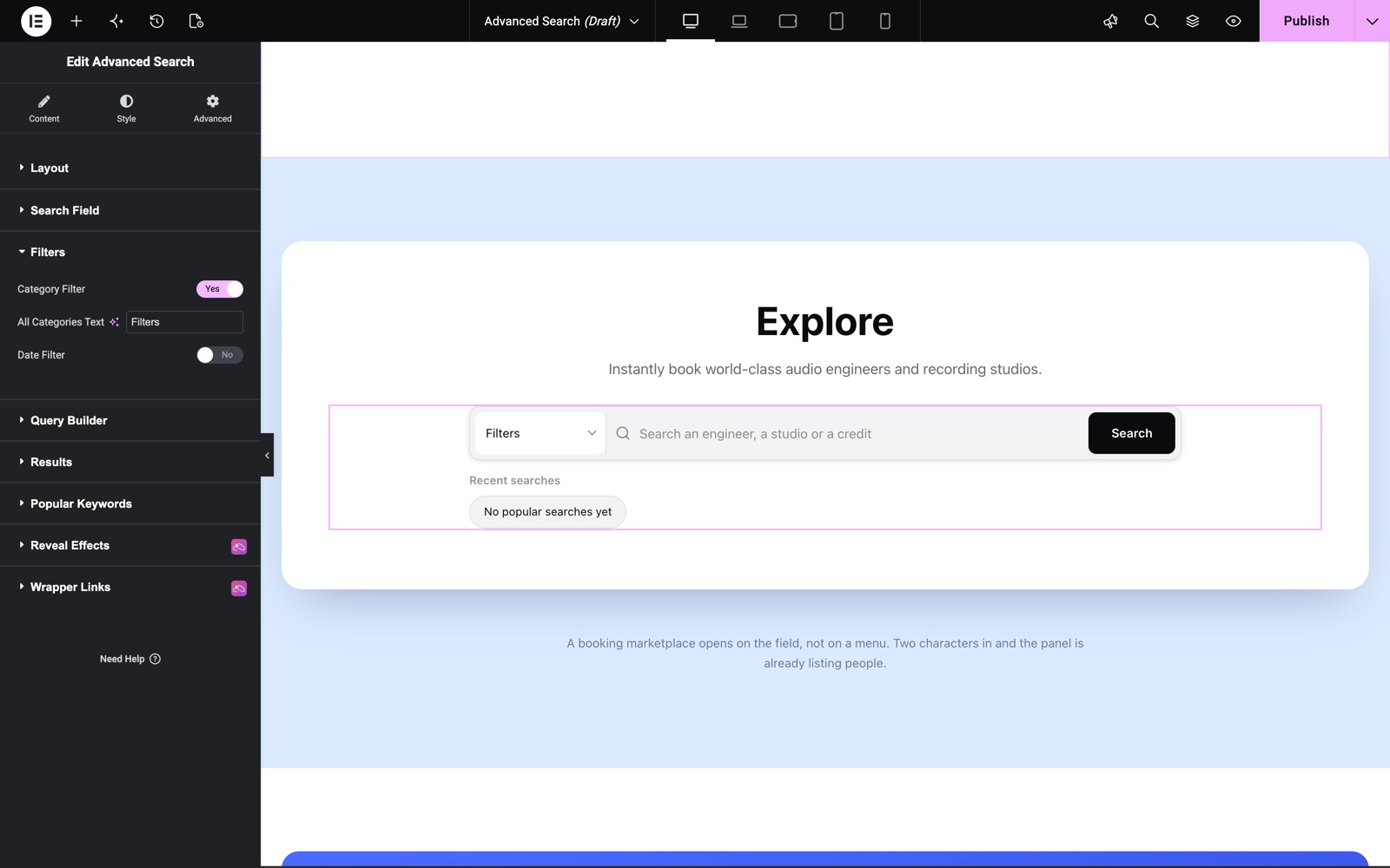 Advanced Search Filters section with Category Filter on