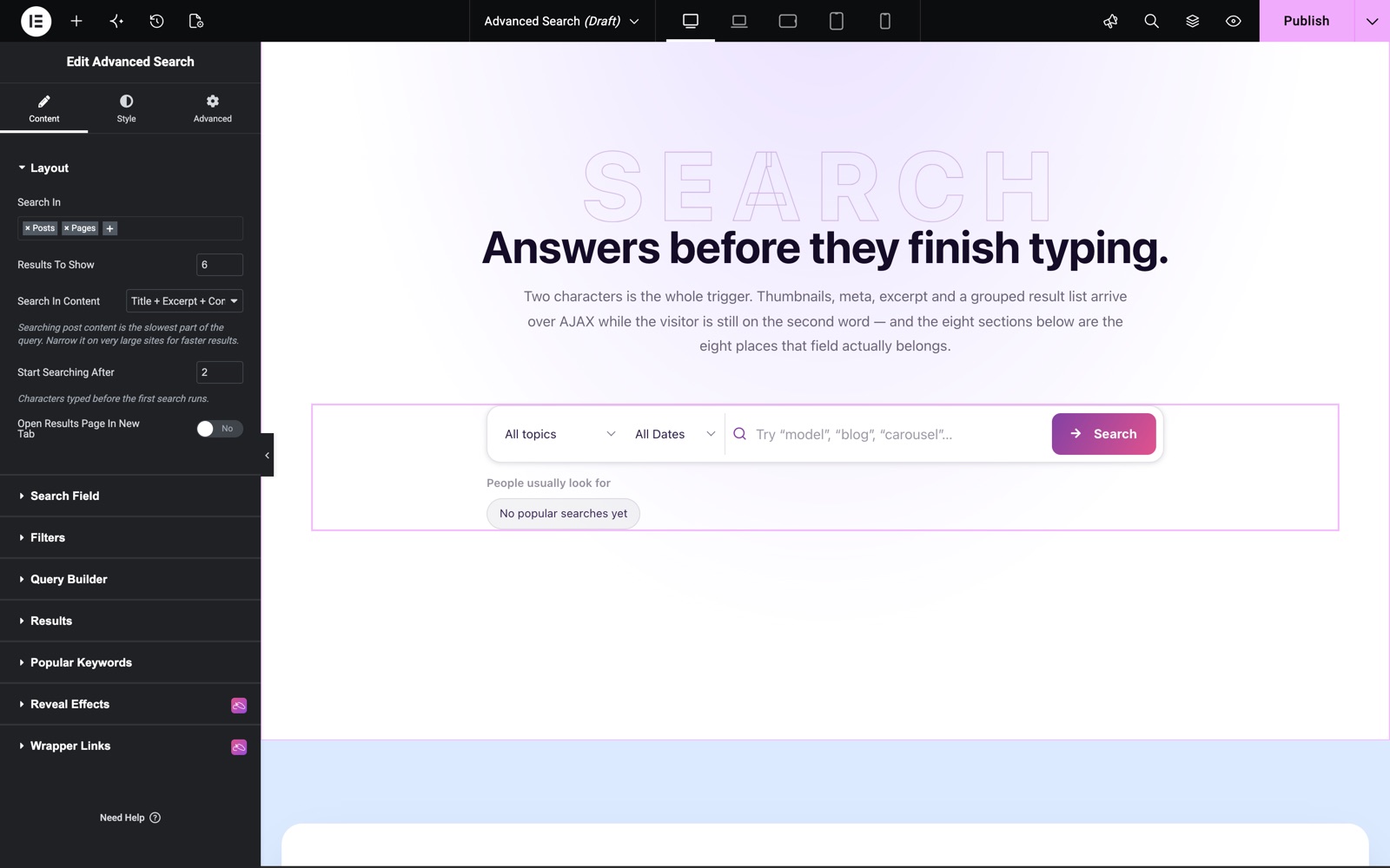 Elementor AJAX search widget Layout section with post types, result count and search scope
