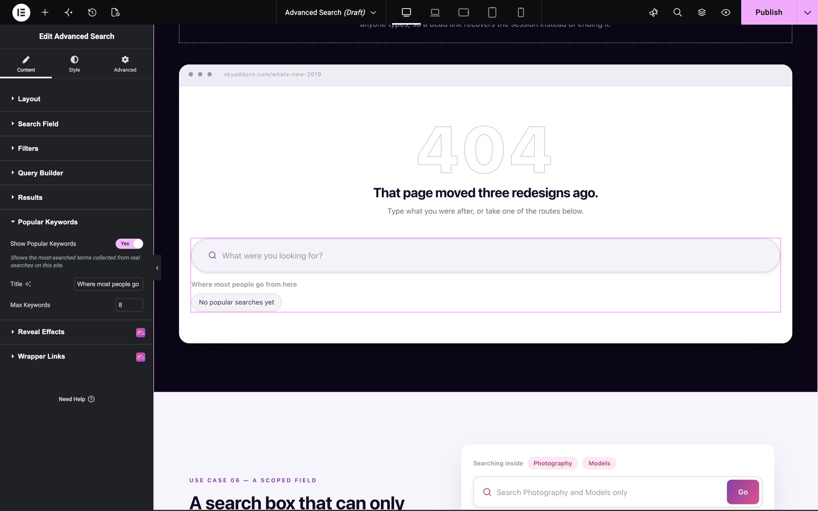 Advanced Search Popular Keywords on a 404 page