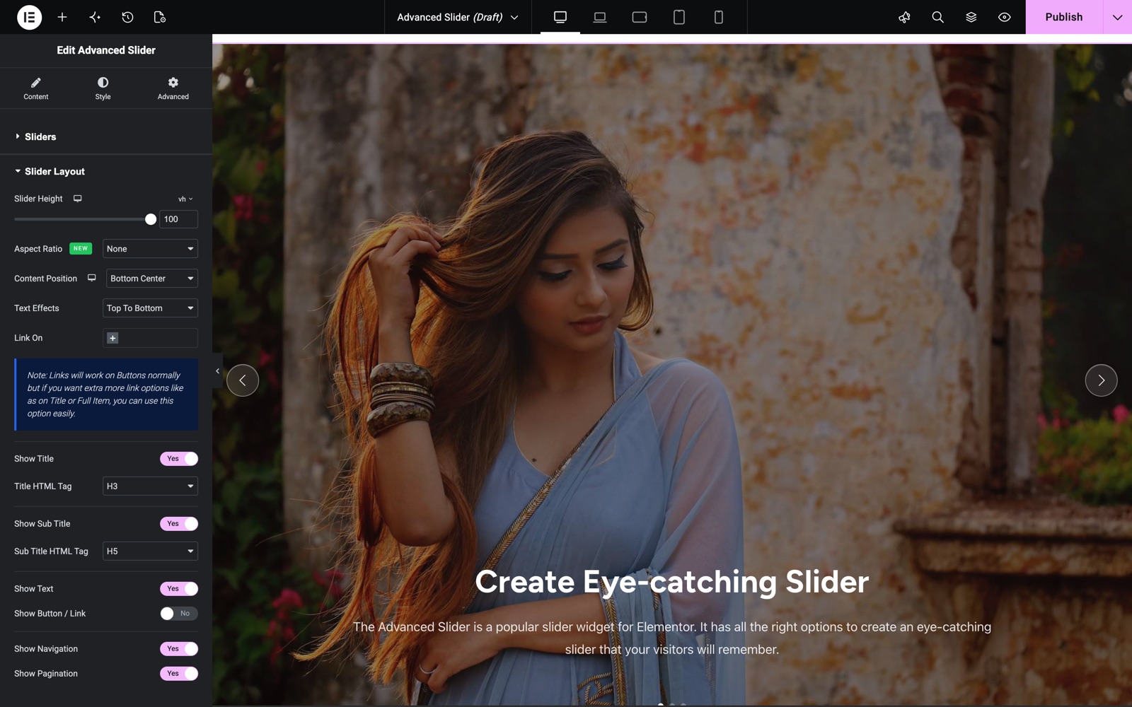Advanced Slider Layout section with height, content position and text effects