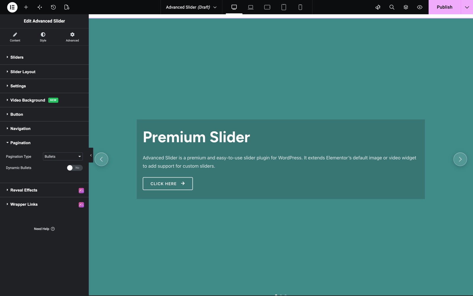 Advanced Slider Pagination section set to Bullets