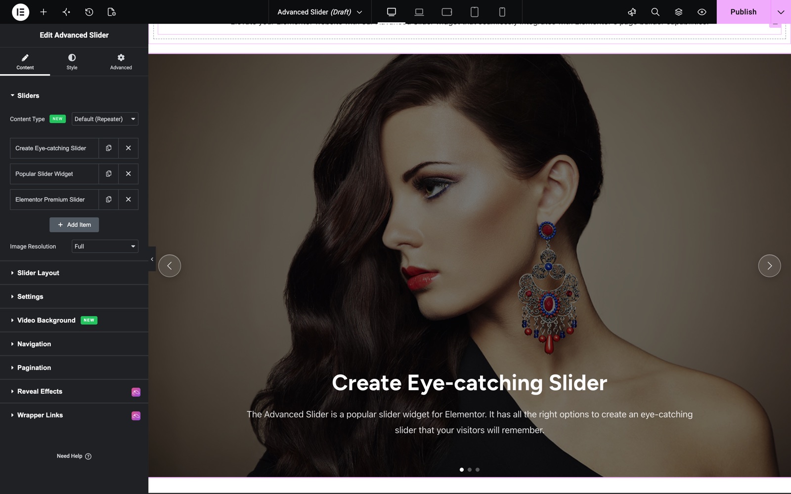 Elementor slider widget with three repeater slides in the Sliders section