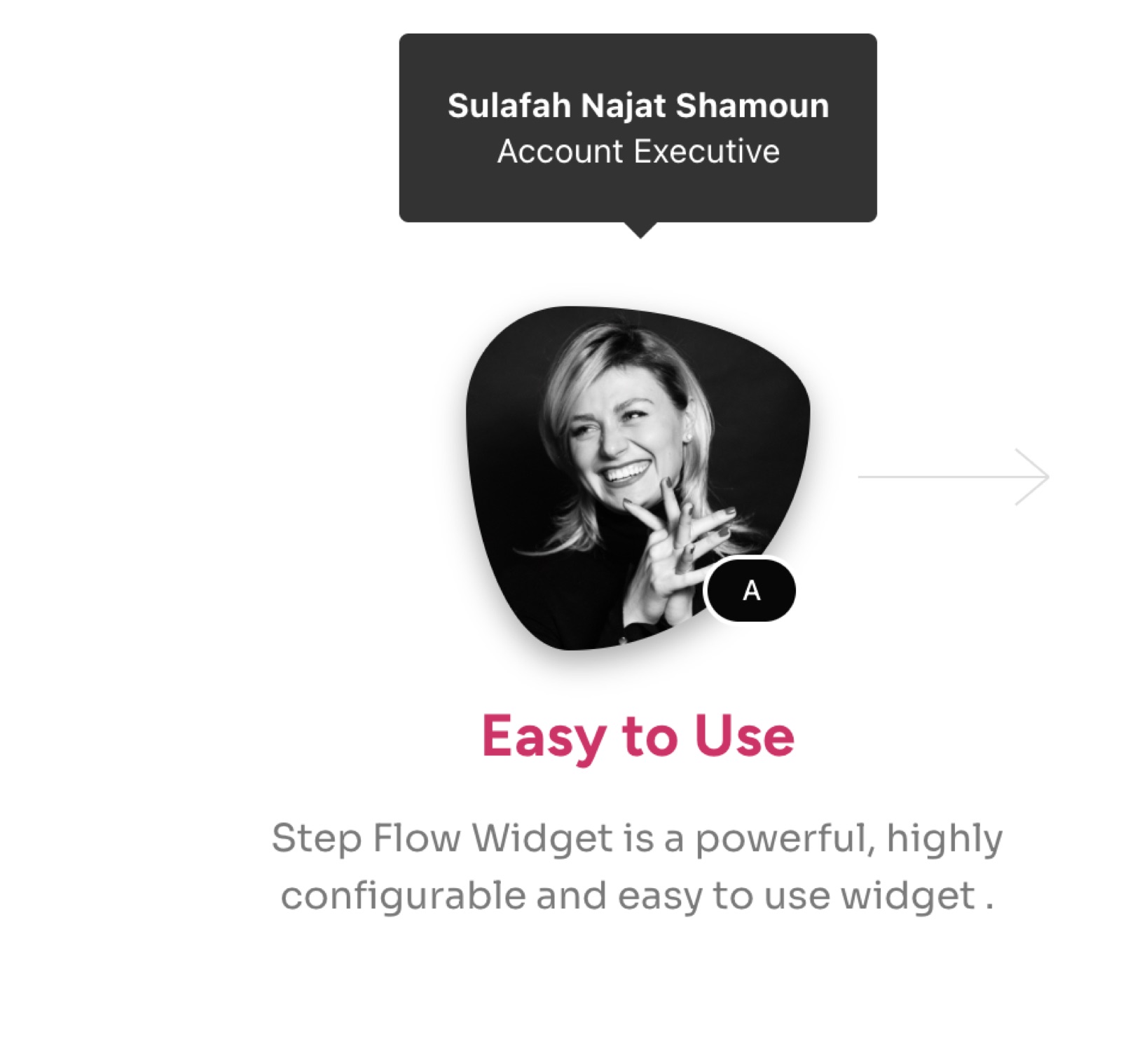 Tooltip with a name and job title above a team member image