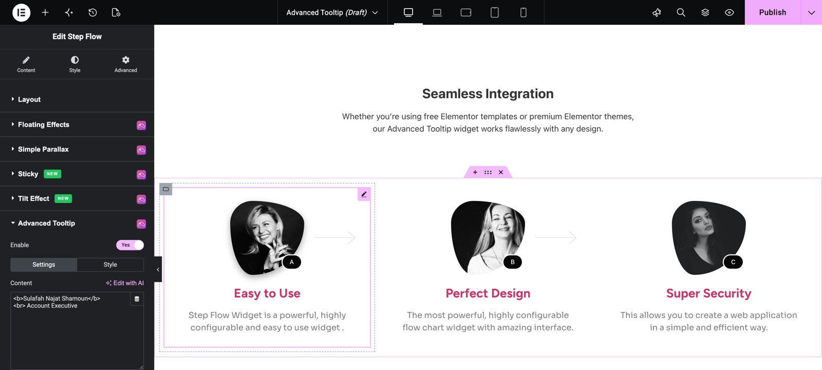 Elementor tooltip settings on the Advanced tab of a Step Flow widget