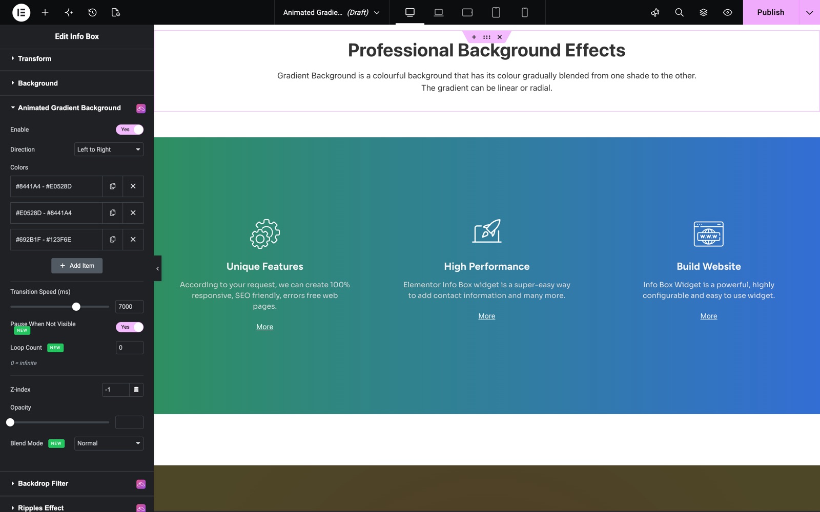Elementor animated gradient background on an info box widget, Advanced tab