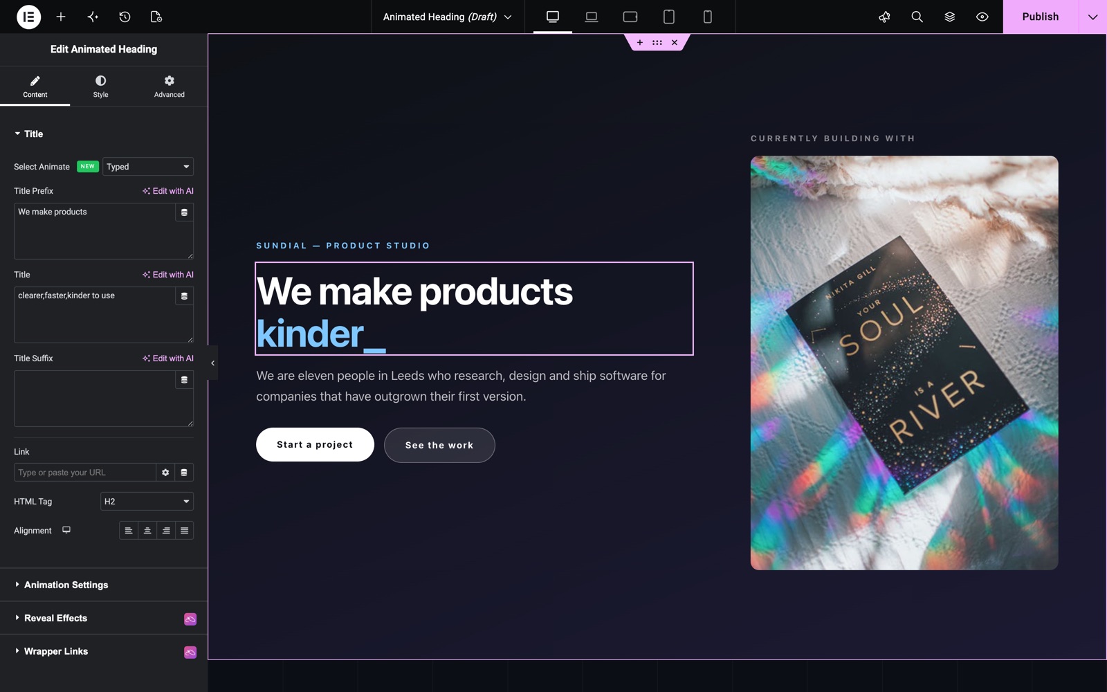 Elementor animated heading widget Title section with the Typed style, prefix and rotating words