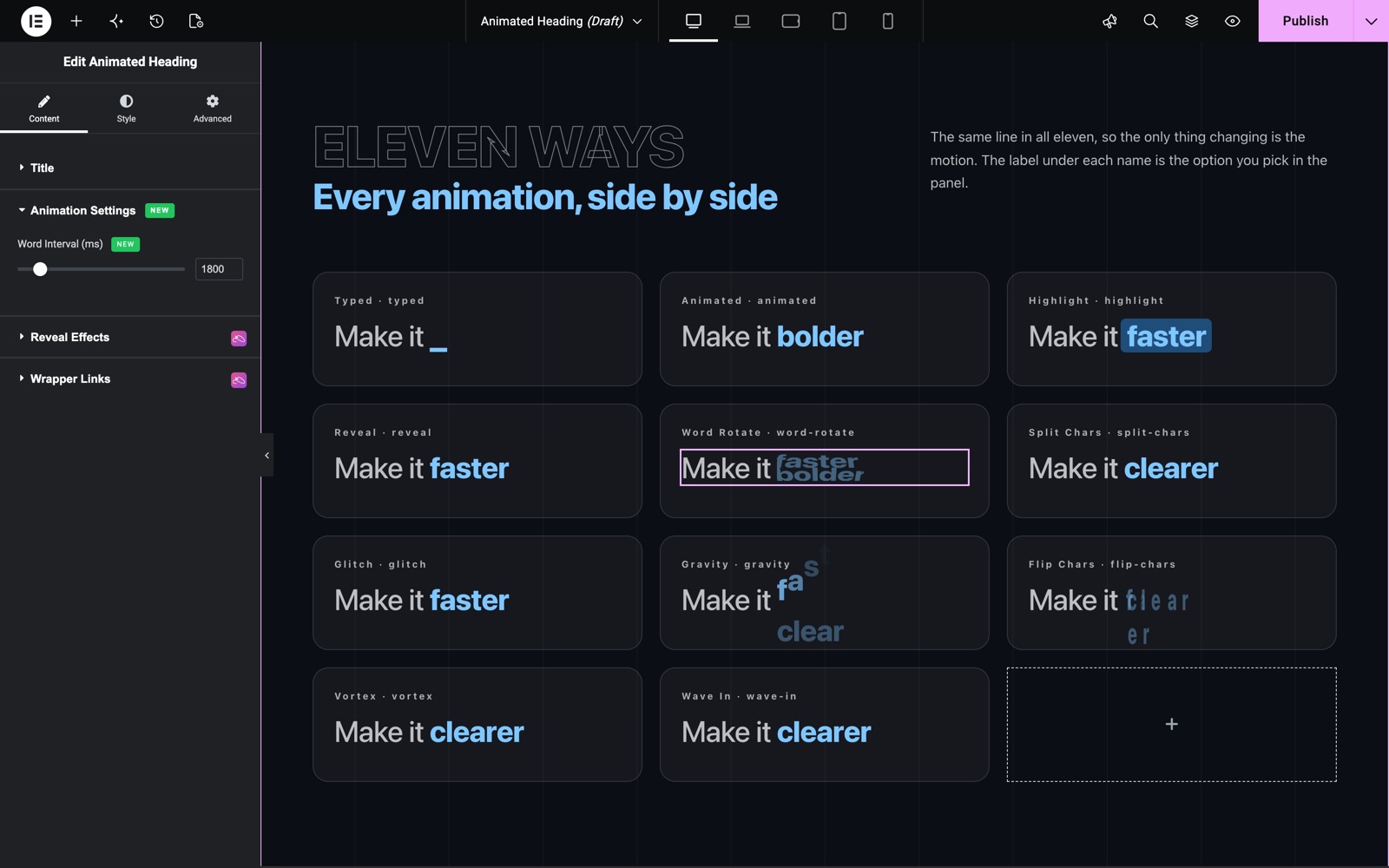 Animated Heading Word Interval setting with eleven animation styles side by side