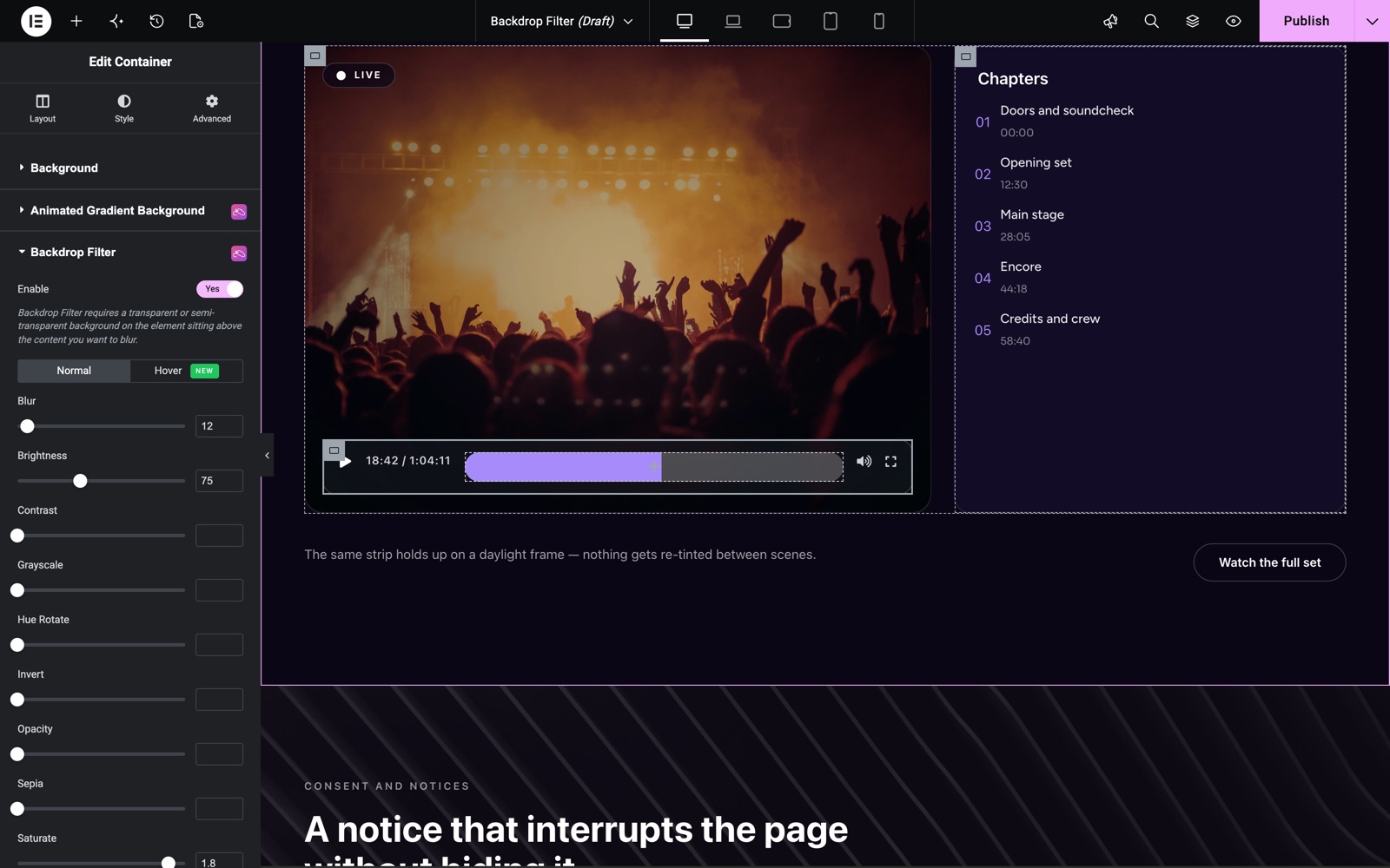Backdrop filter blur on a video player control strip