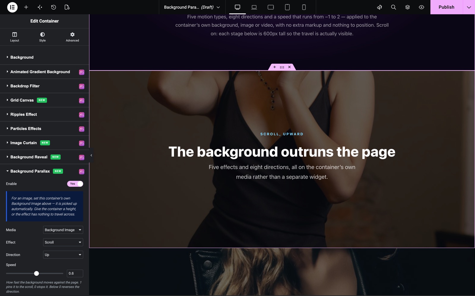 Elementor container background parallax with Scroll effect and speed 0.6