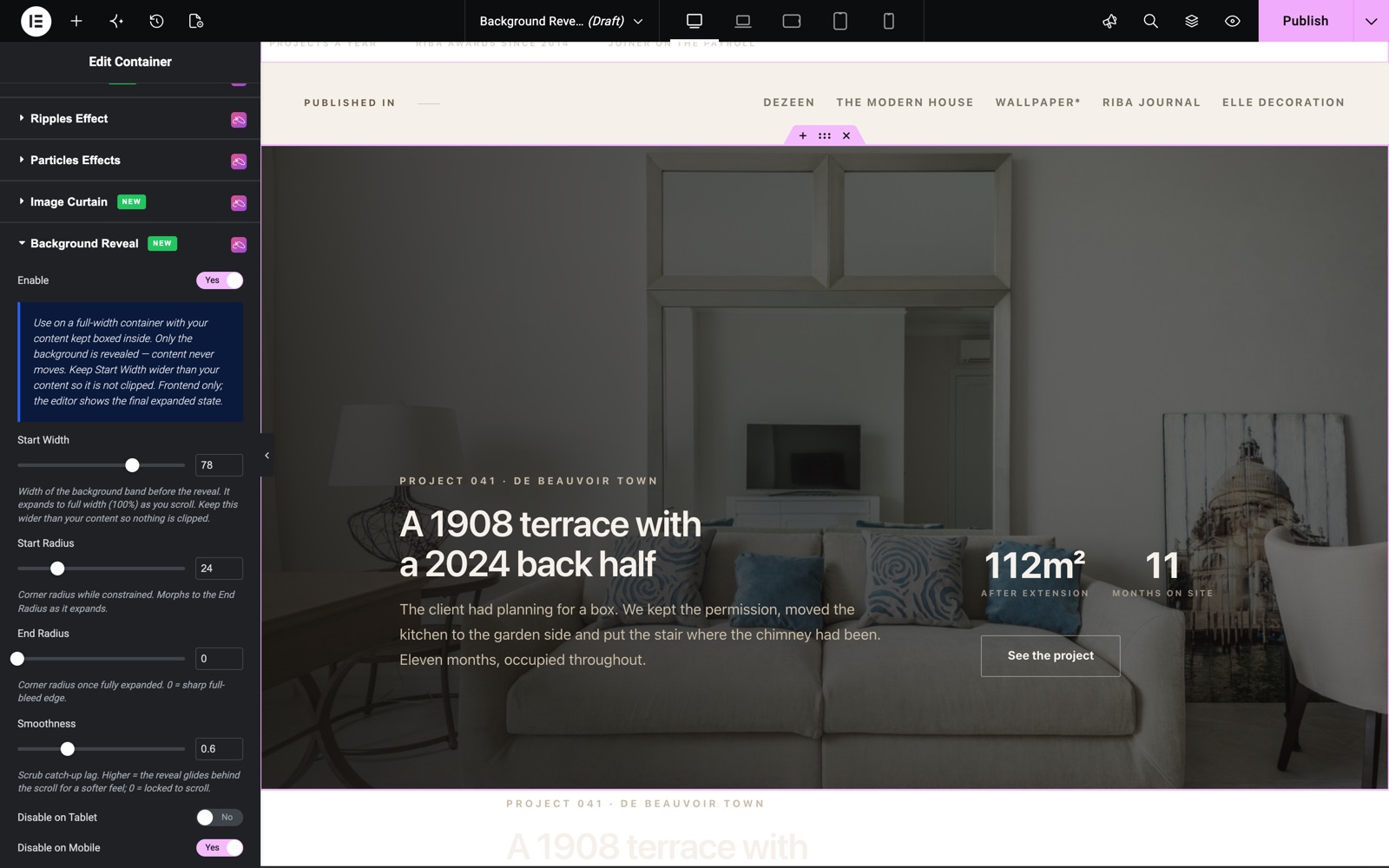 Elementor Background Reveal settings on a container with start width and radius
