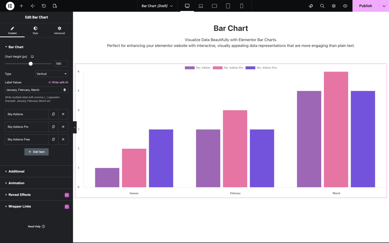 Elementor bar chart widget with three datasets and label values