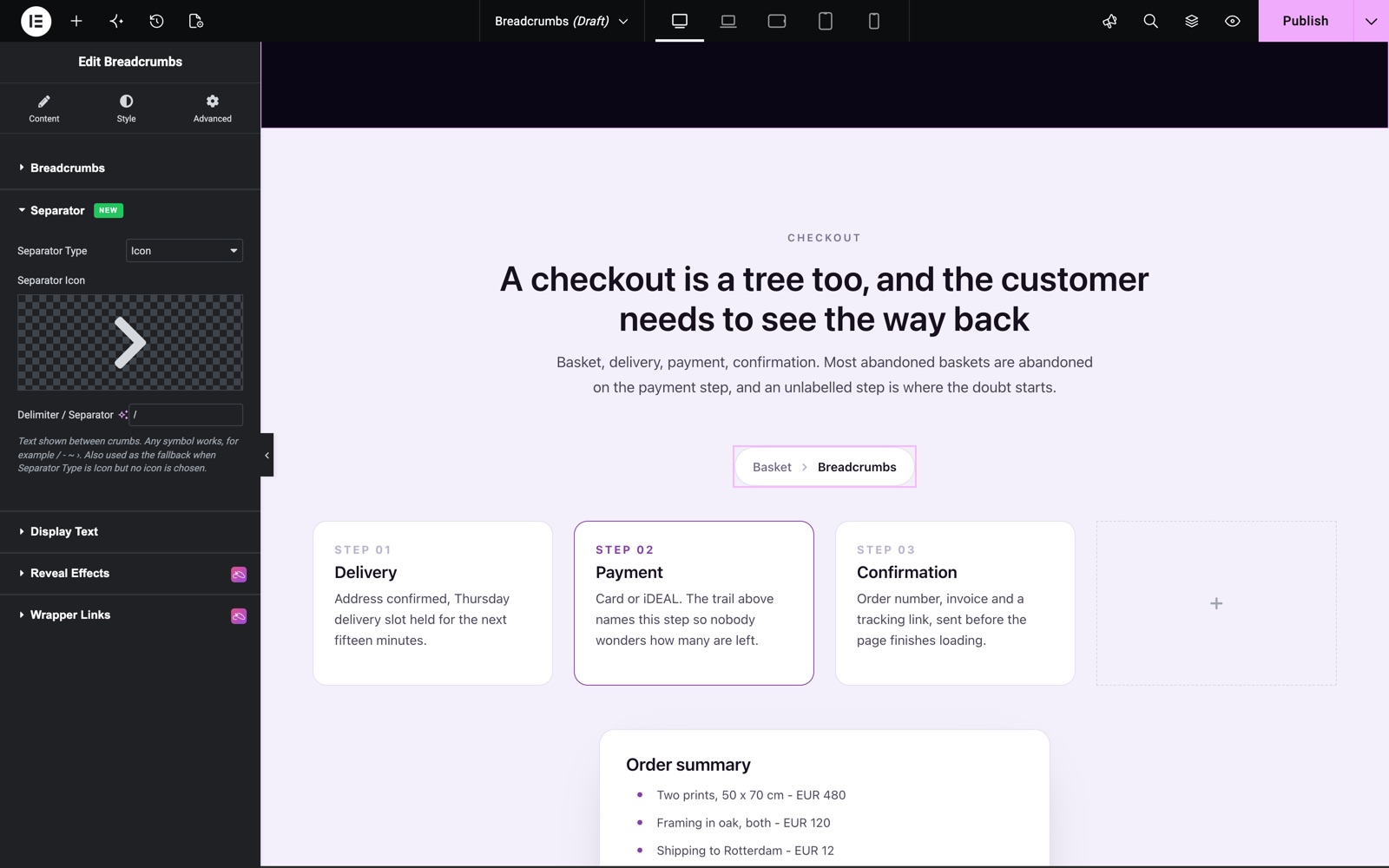 Breadcrumbs with an arrow icon separator on a checkout page