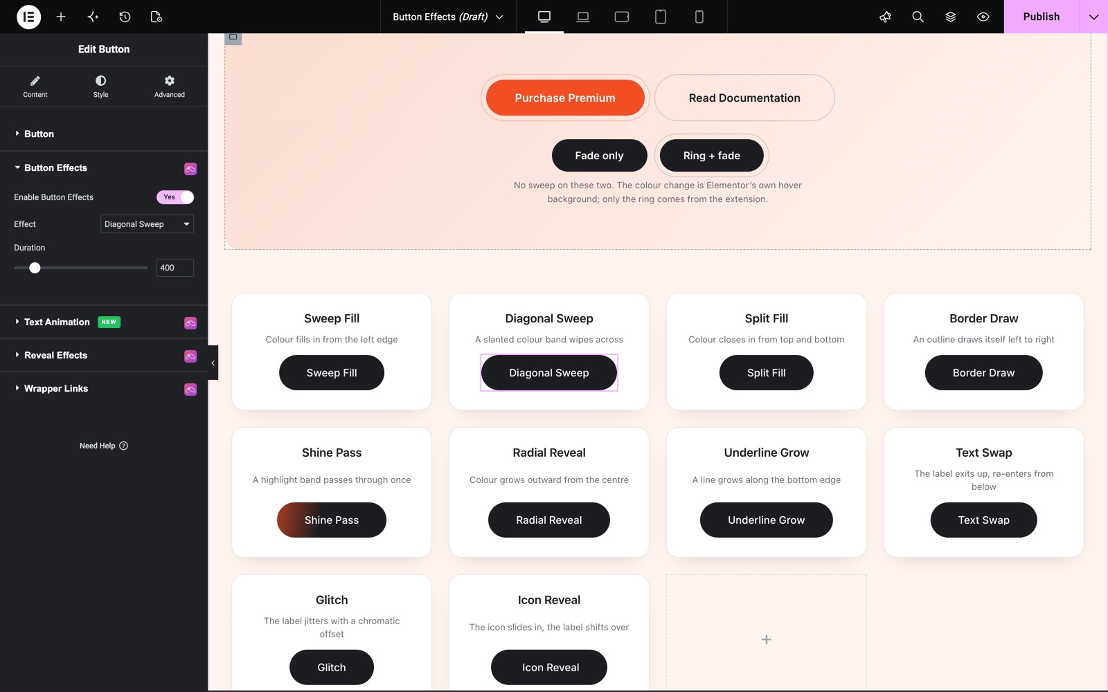 Elementor button hover effect set to Diagonal Sweep in the Button Effects section