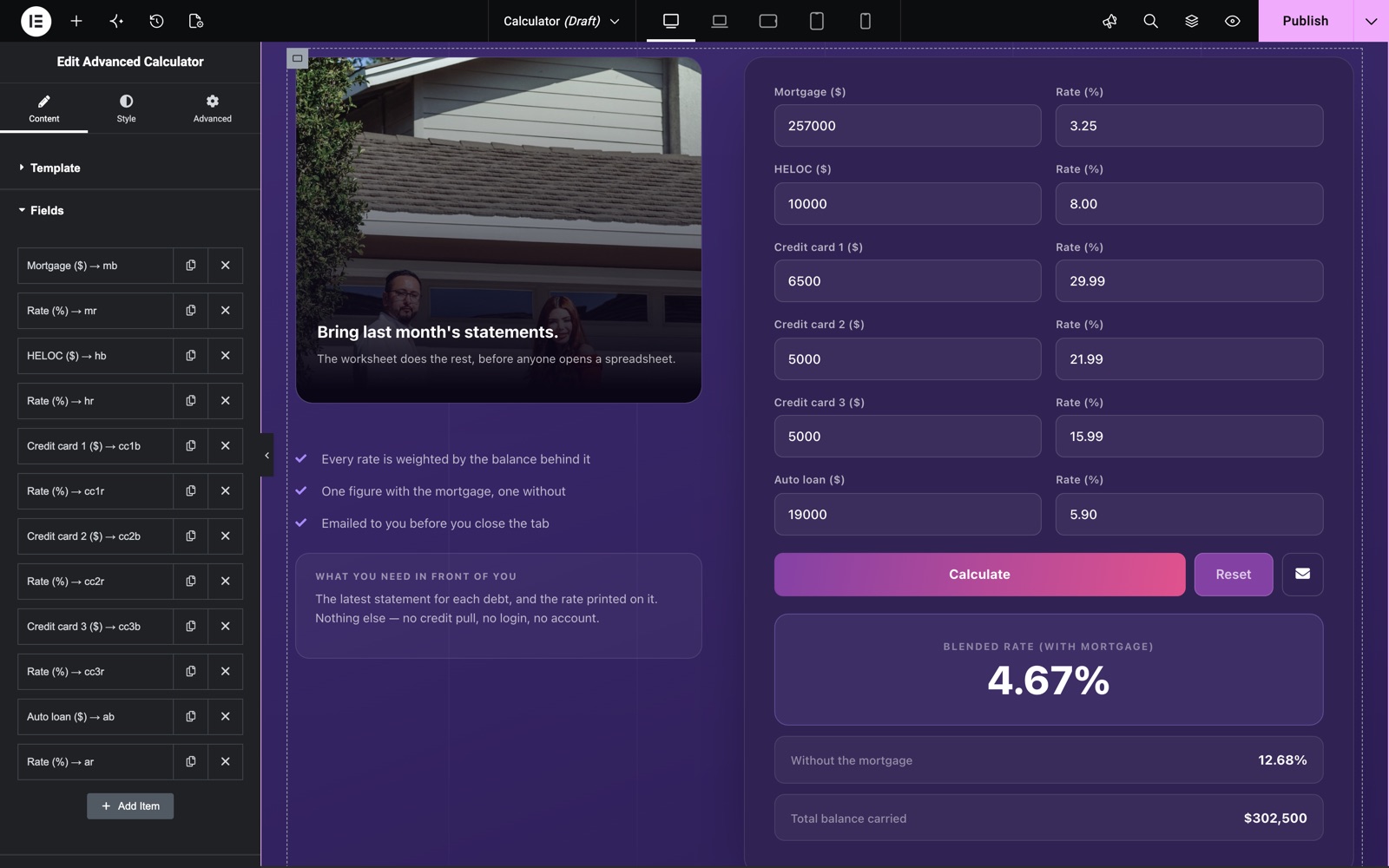 Custom calculator fields with formula keys in the Elementor panel