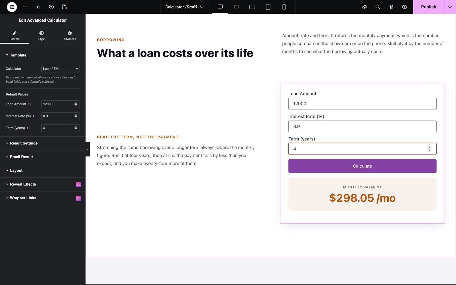 Elementor calculator widget with the Loan EMI template and default values
