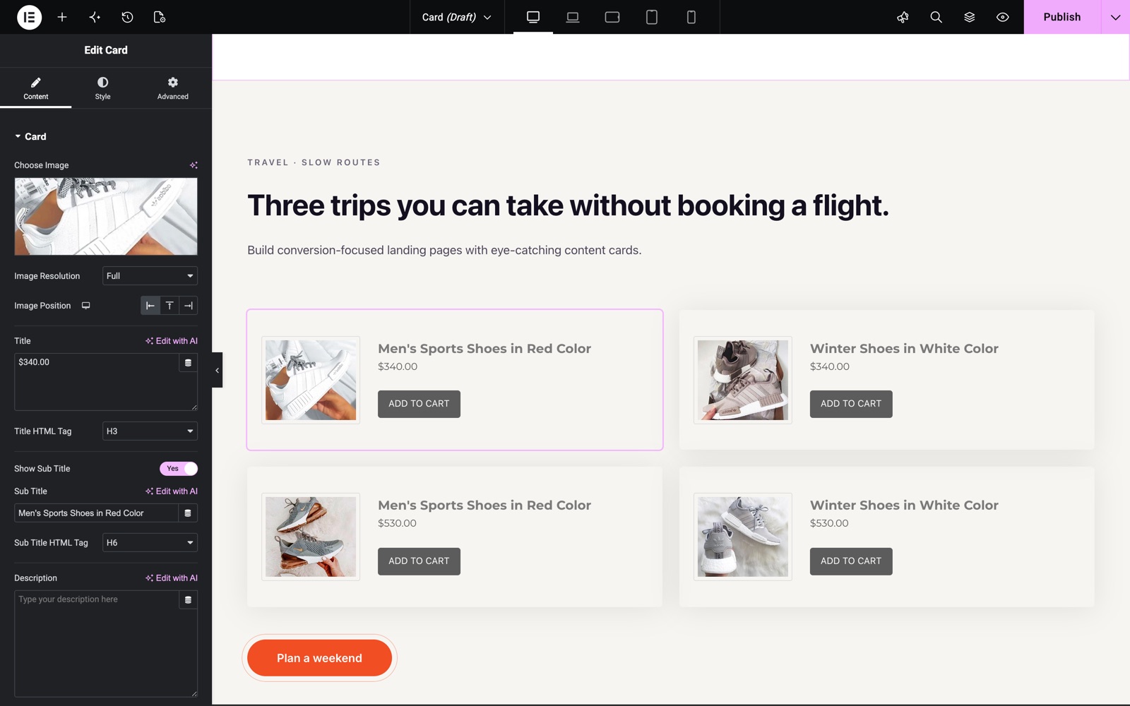 Elementor card widget with the image on the left for products