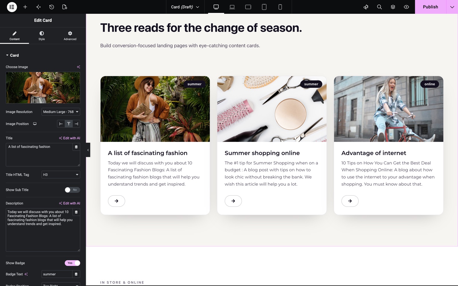 Elementor card widget with a top image and a badge