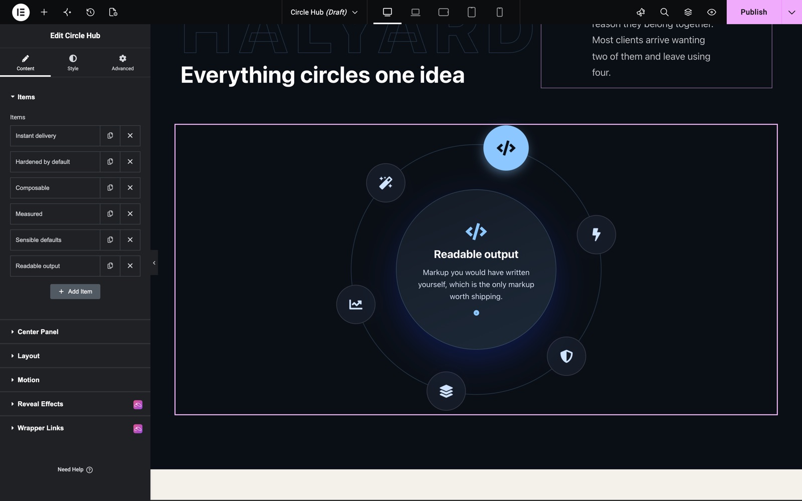 Elementor Circle Hub widget with six items orbiting a center panel