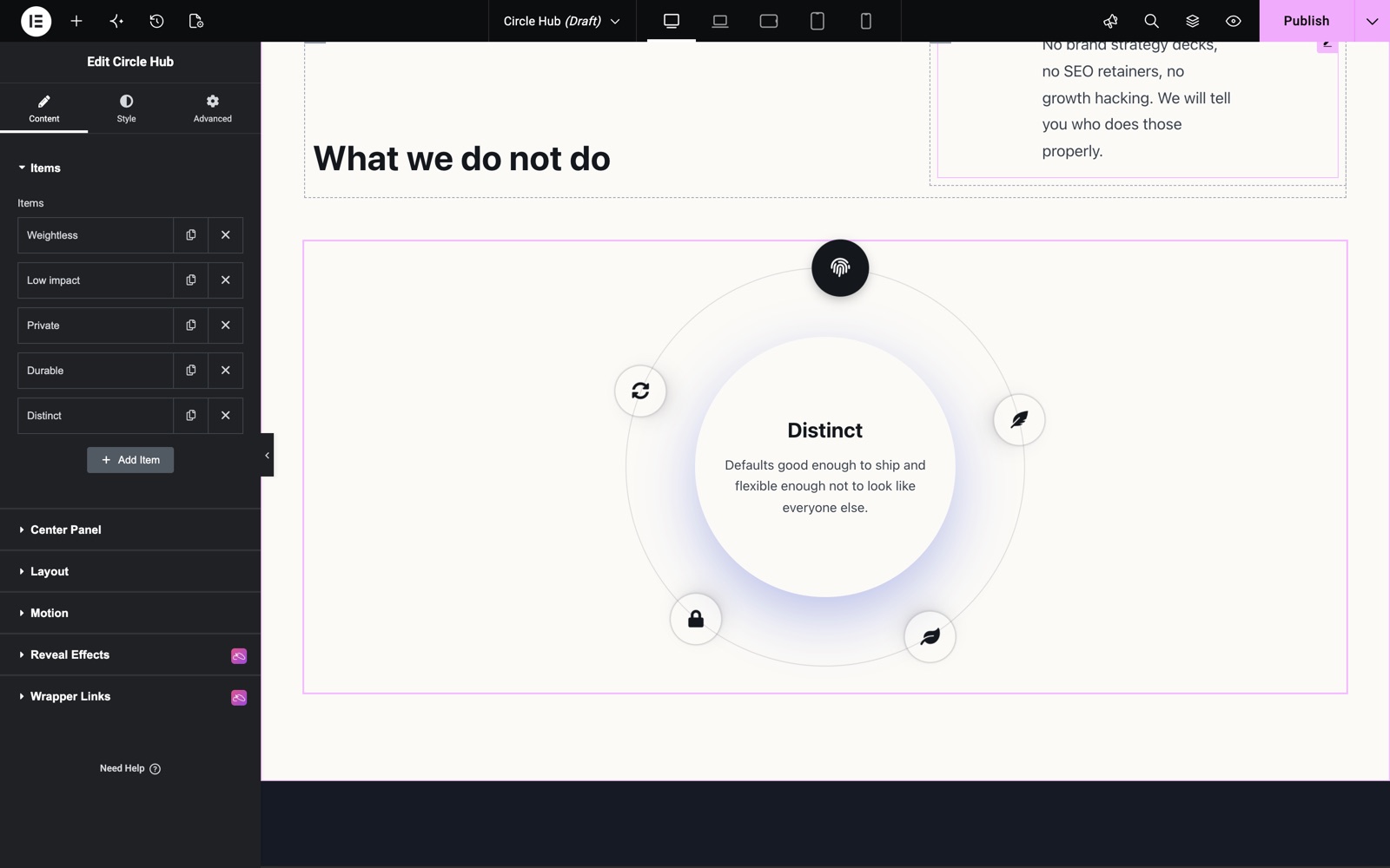 Circle Hub with five items on a light background