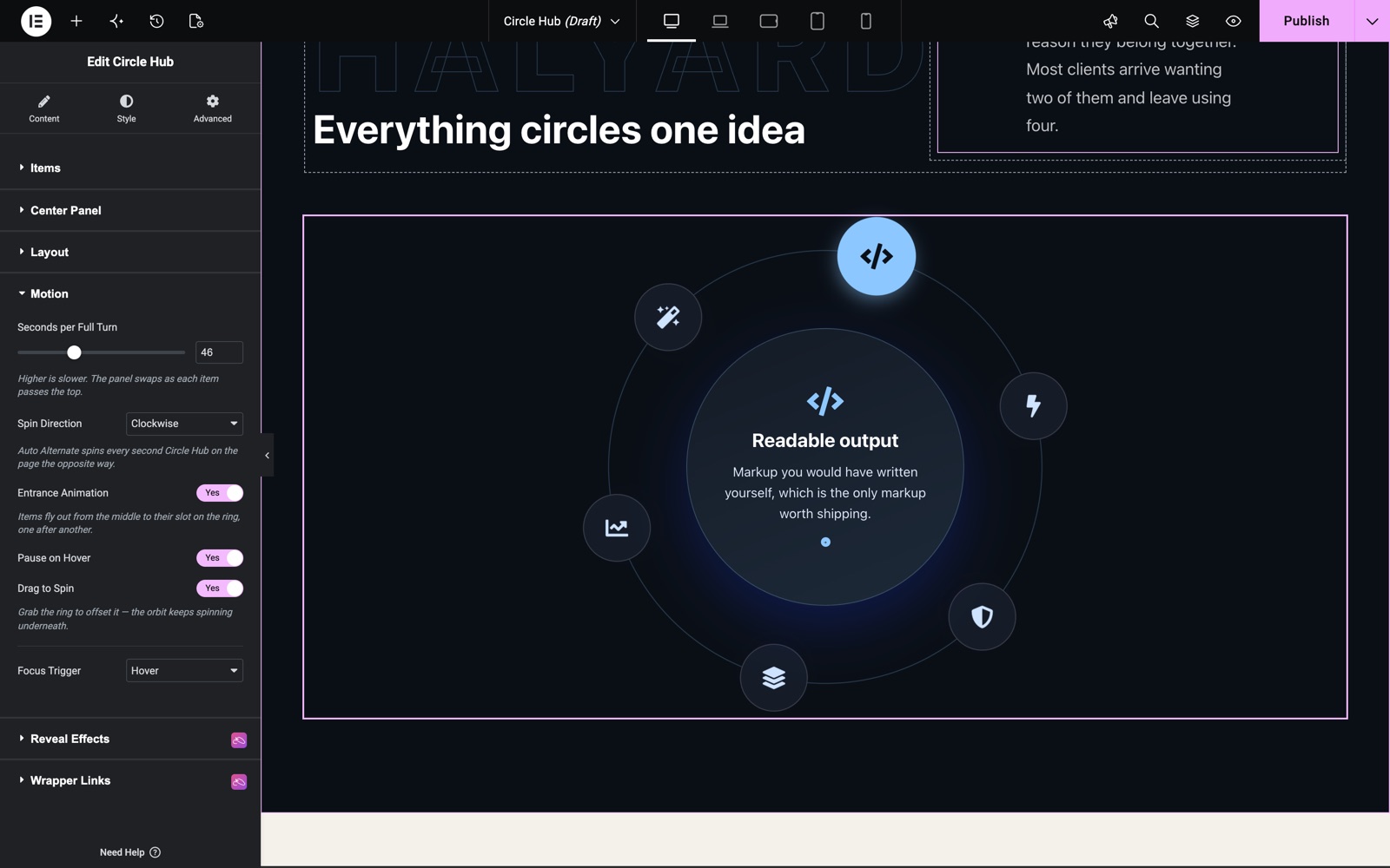 Circle Hub Motion settings: seconds per turn, direction, entrance and pause on hover