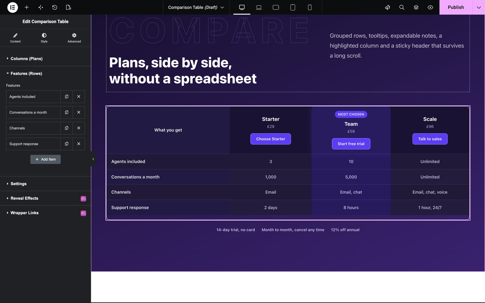 Comparison Table feature rows in the Elementor panel