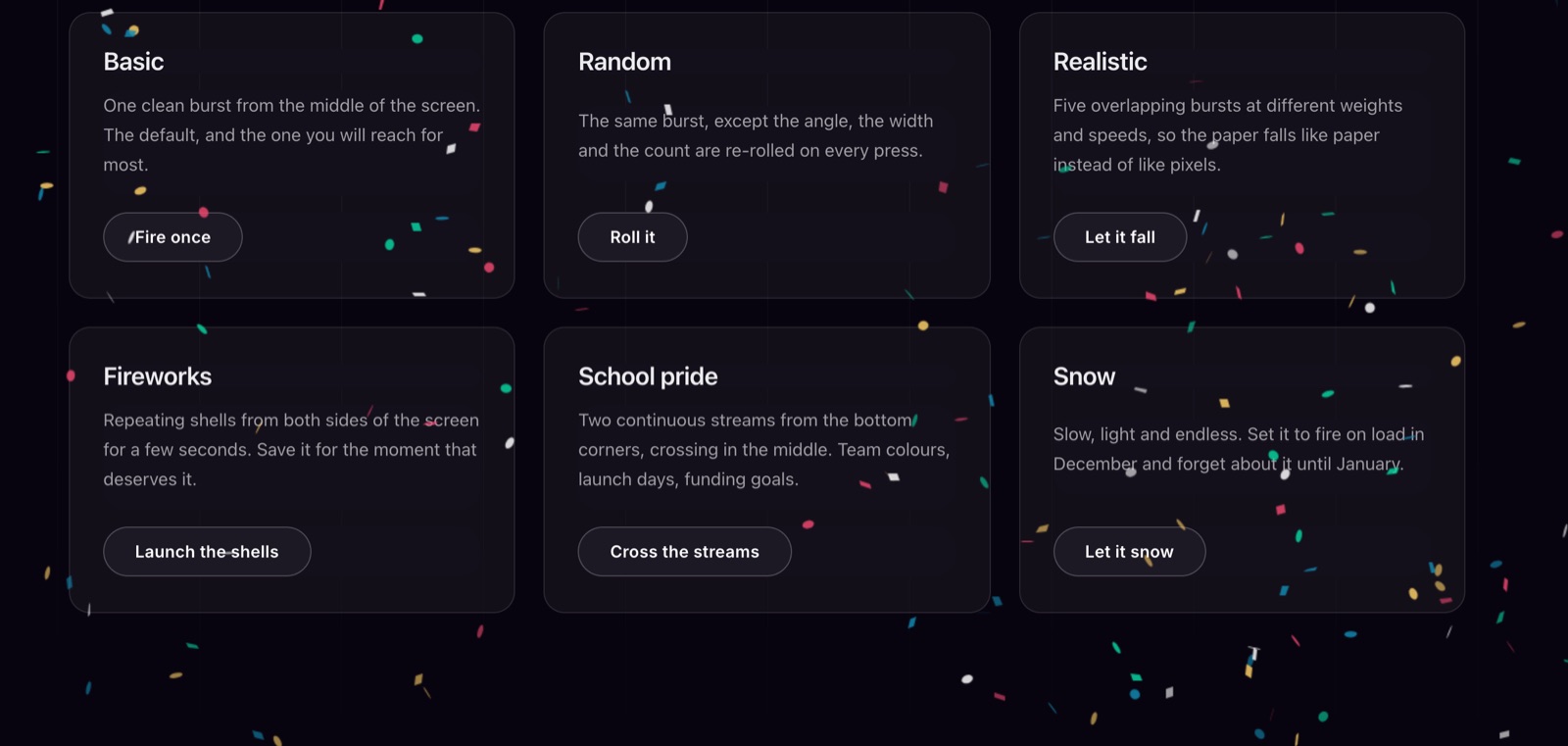 Confetti bursting over a section after a button click