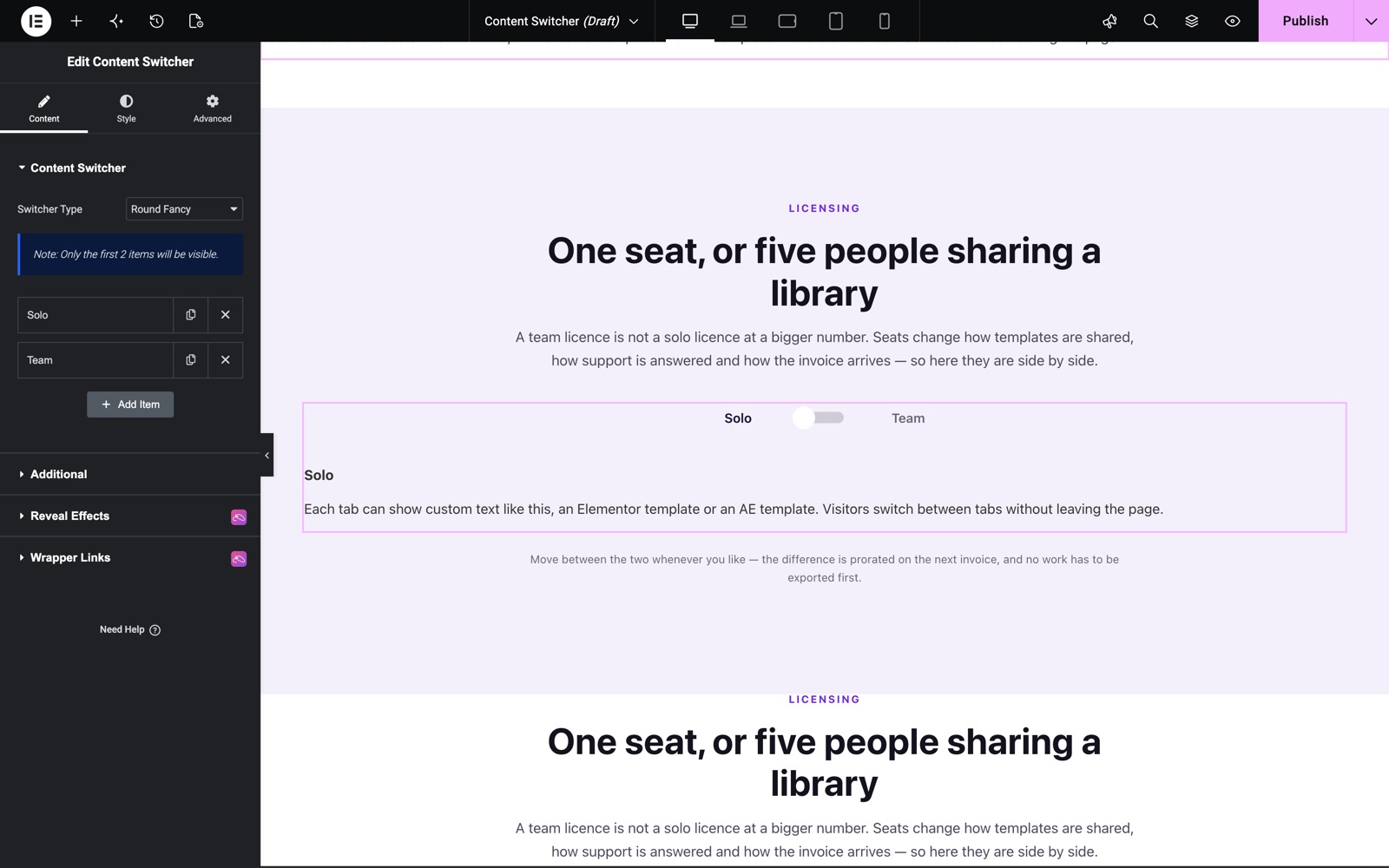 Elementor content switcher with a Round Fancy toggle between Solo and Team