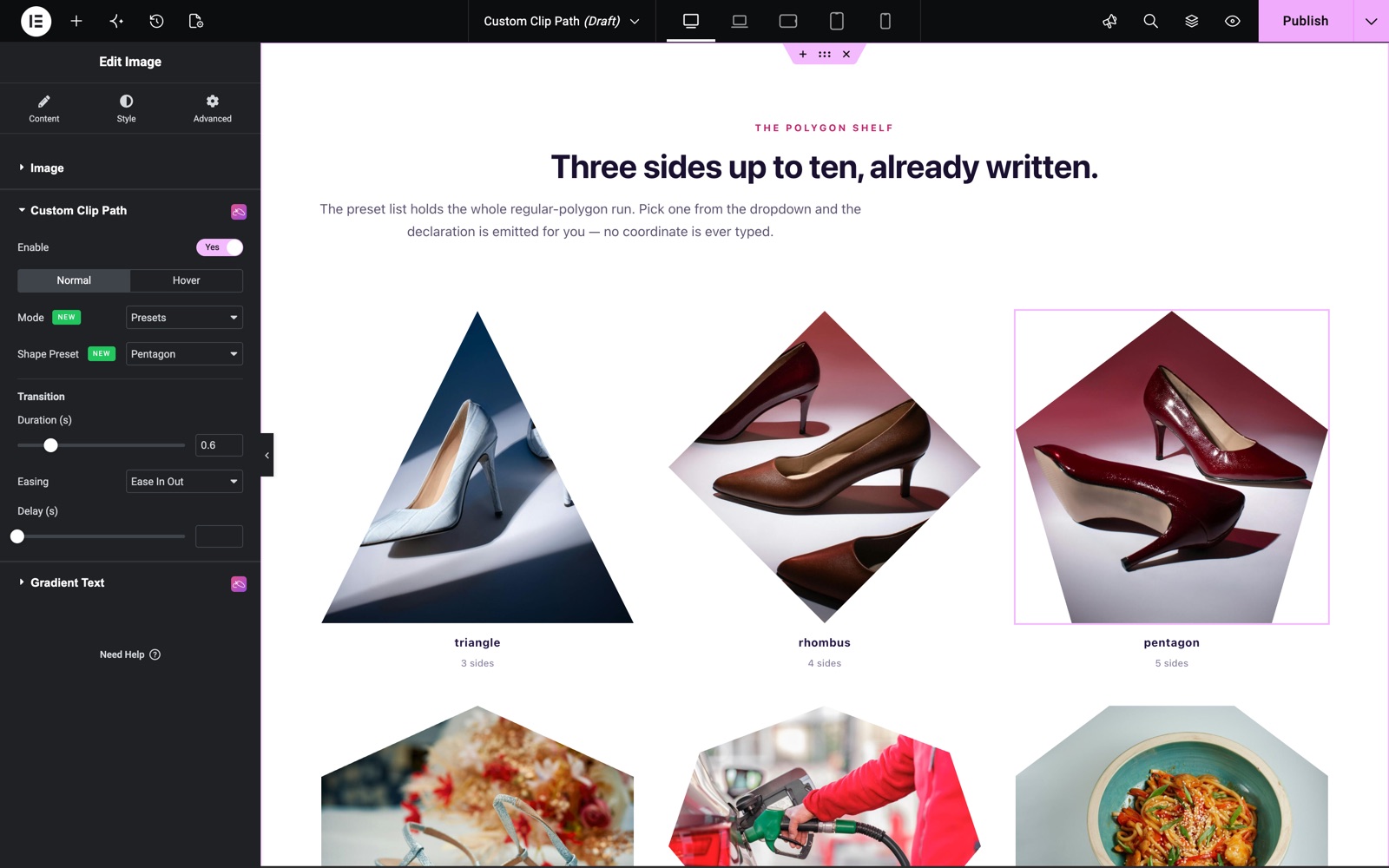 Elementor image clip path with the Pentagon preset