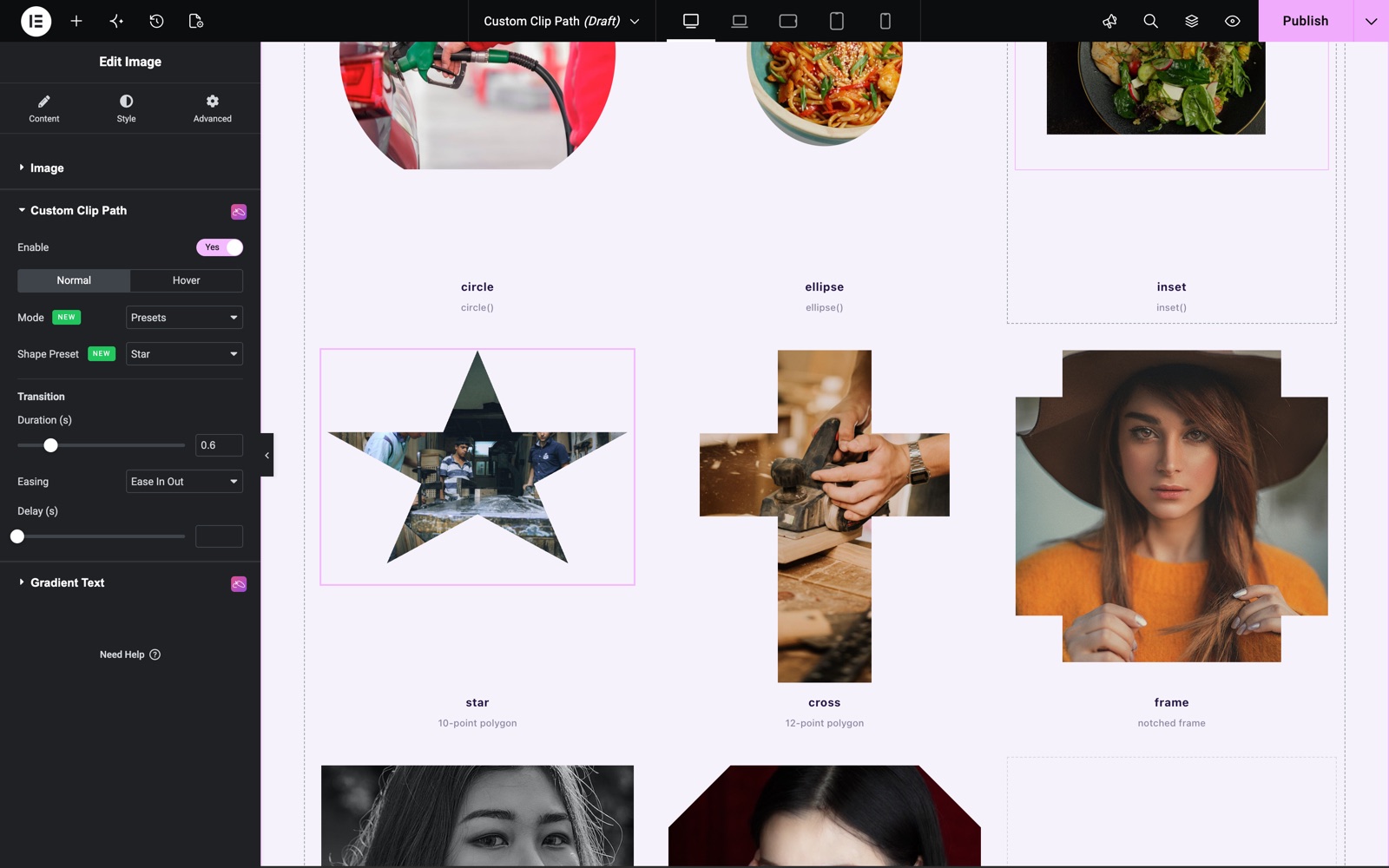 Elementor image cut into a star with Custom Clip Path