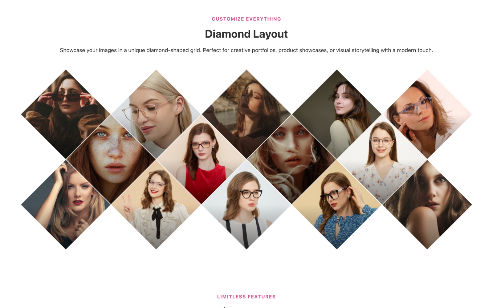 Elementor diamond image gallery with two rows of diamond tiles
