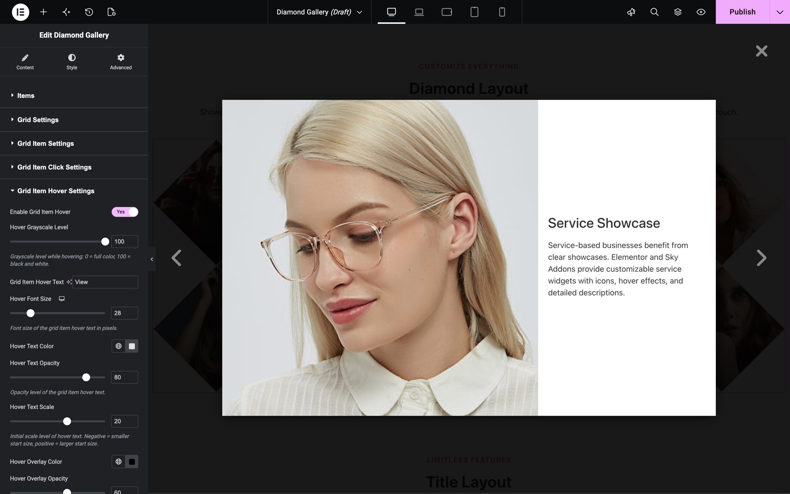 Diamond Gallery hover settings with grayscale level and hover text