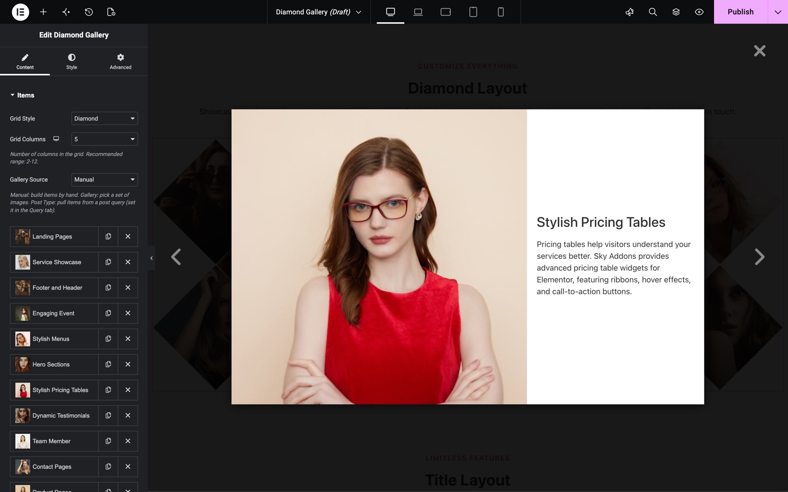 Diamond Gallery Items section with the lightbox open in the Elementor editor