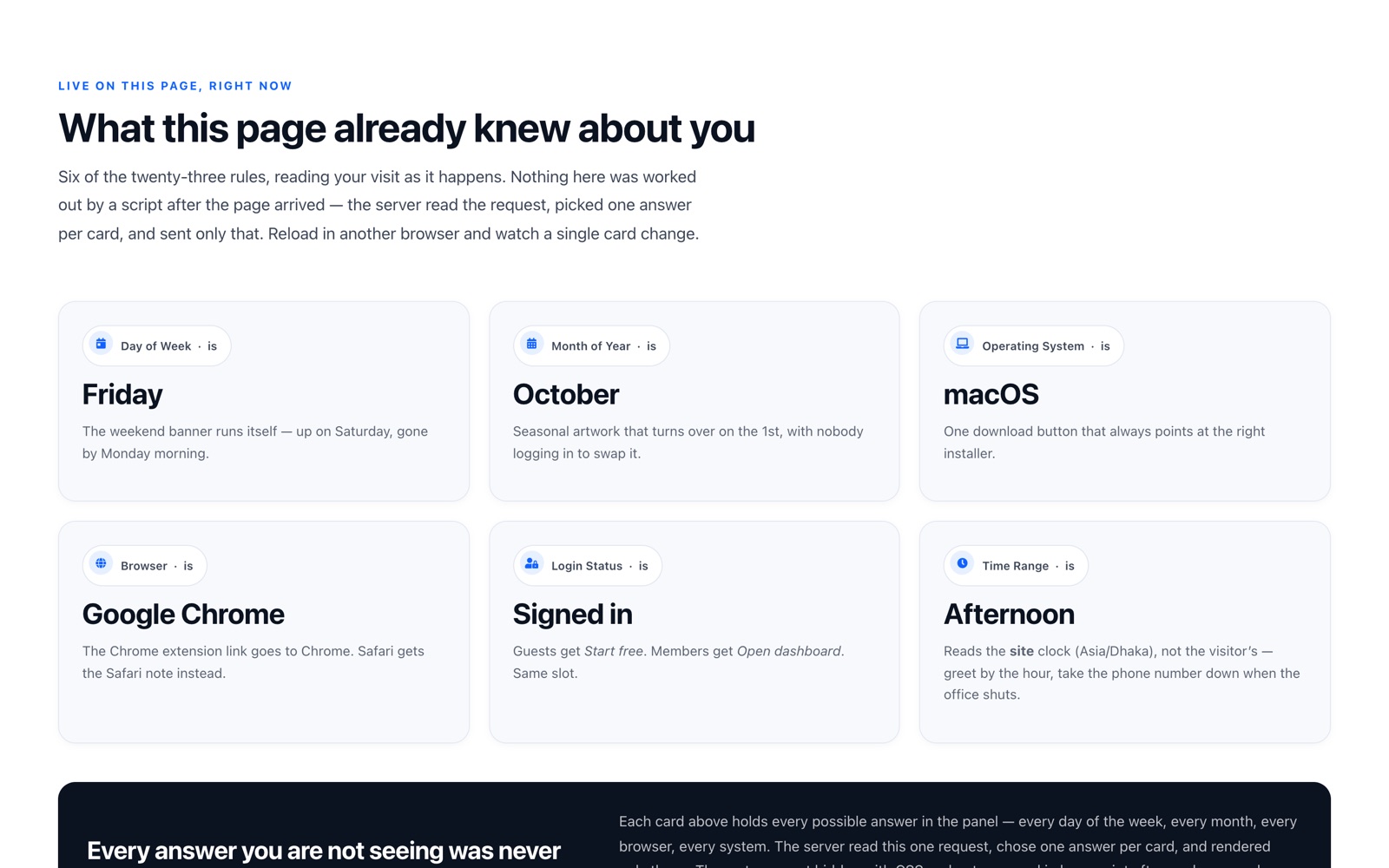 Live page showing only the content that matches the visitor's day, month, system and browser