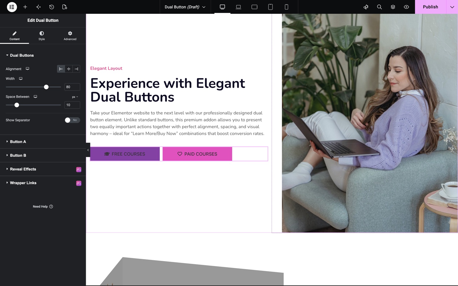 Elementor dual button widget with two buttons and icons