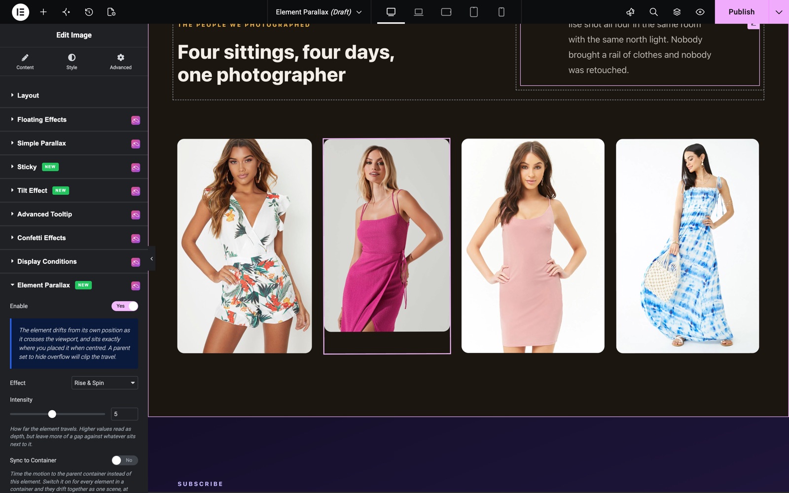 Elementor element parallax with the Rise and Spin effect on an image